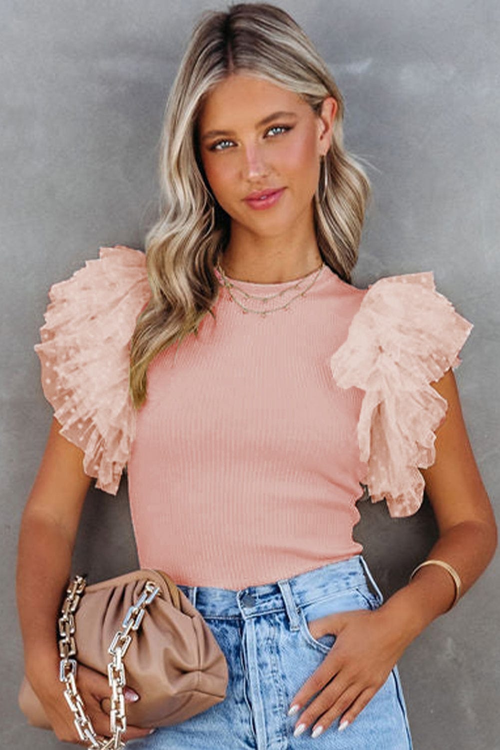 Pink Sheer Mesh Sleeve Ribbed Knit Top