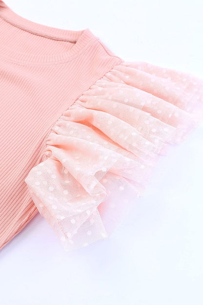 Pink Sheer Mesh Sleeve Ribbed Knit Top