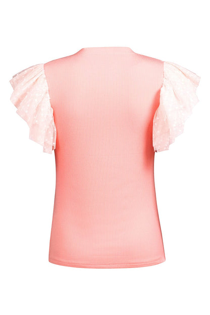 Pink Sheer Mesh Sleeve Ribbed Knit Top