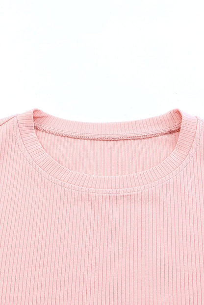Pink Sheer Mesh Sleeve Ribbed Knit Top