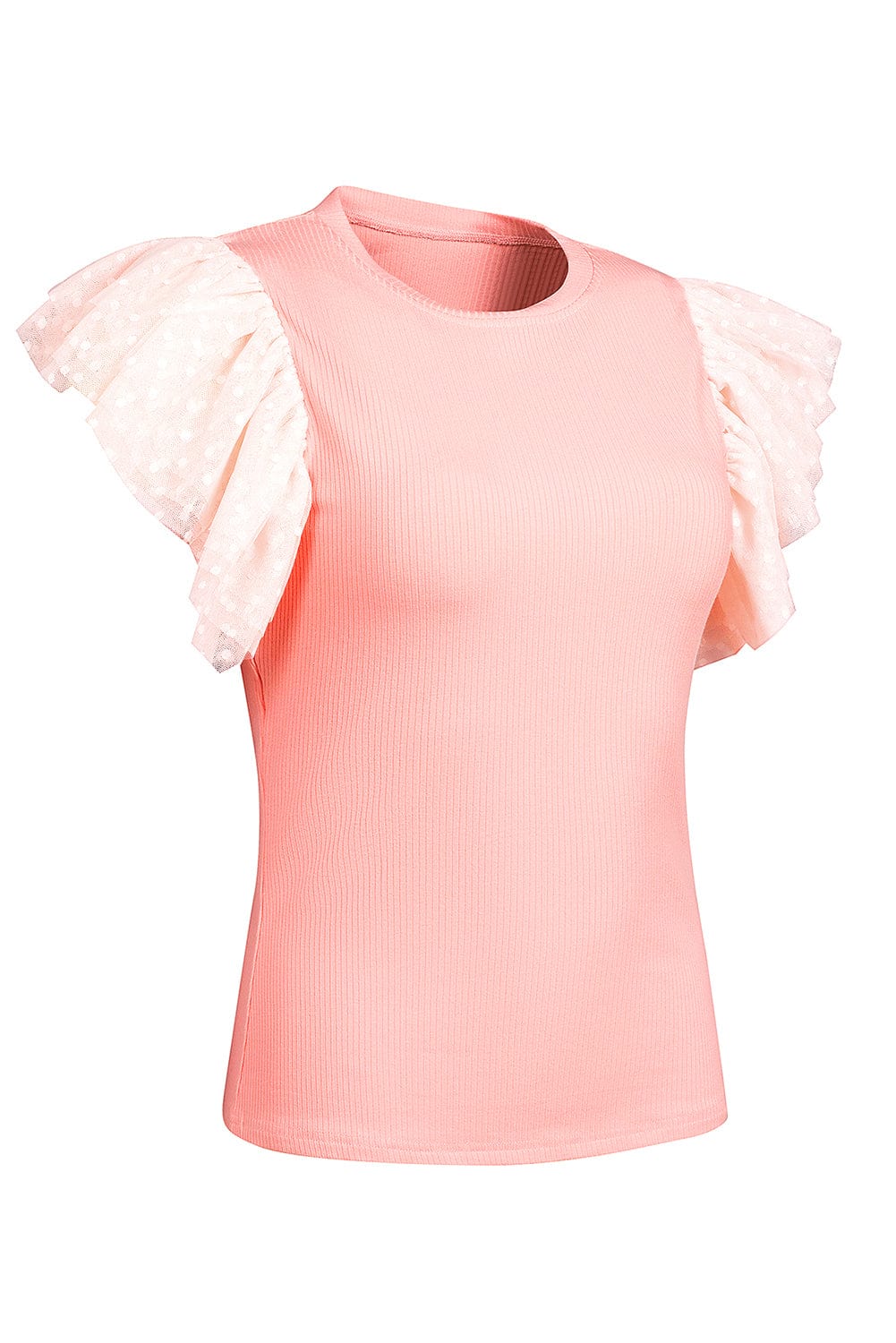 Pink Sheer Mesh Sleeve Ribbed Knit Top