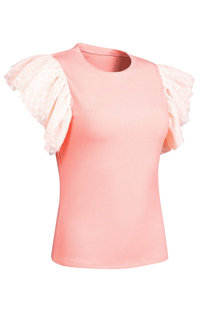 Pink Sheer Mesh Sleeve Ribbed Knit Top