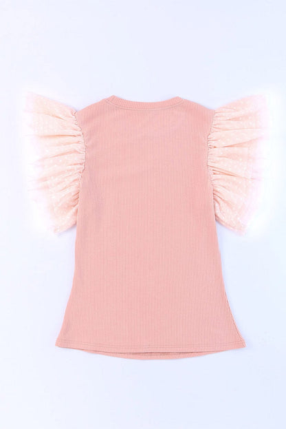 Pink Sheer Mesh Sleeve Ribbed Knit Top