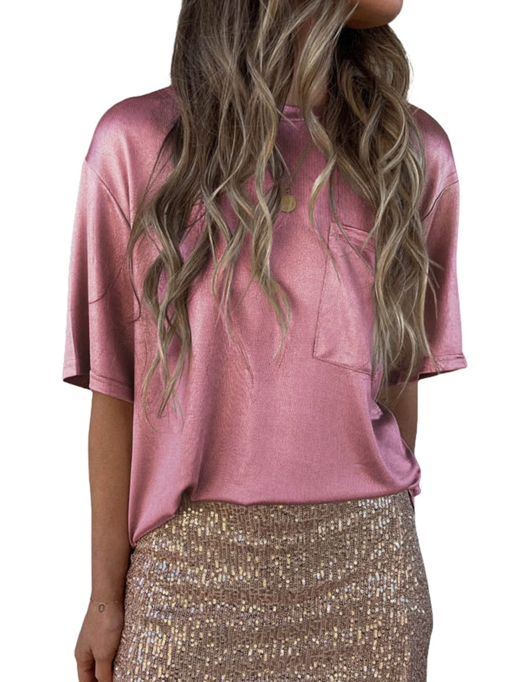 Pink Silky Oversized Pocket Tee