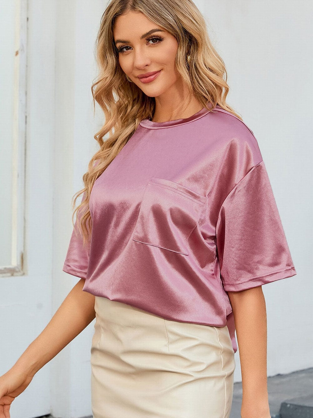 Pink Silky Oversized Pocket Tee