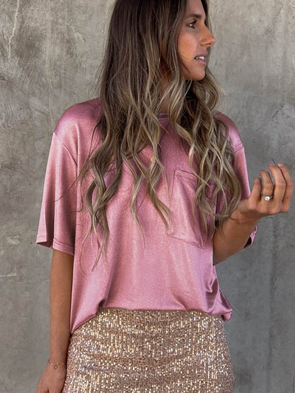 Pink Silky Oversized Pocket Tee