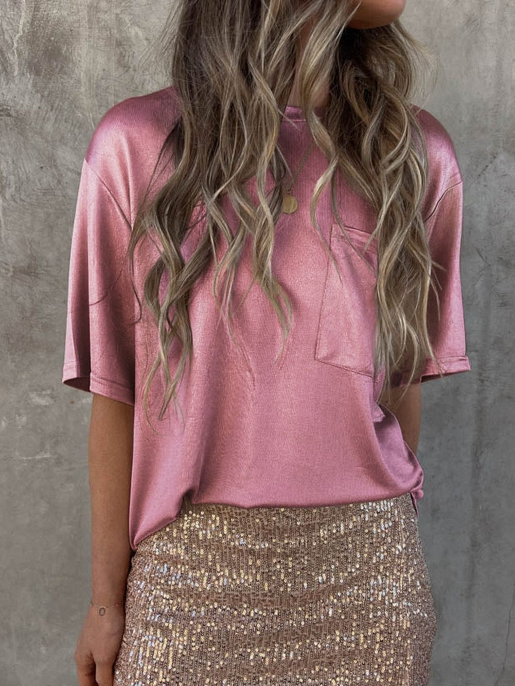 Pink Silky Oversized Pocket Tee