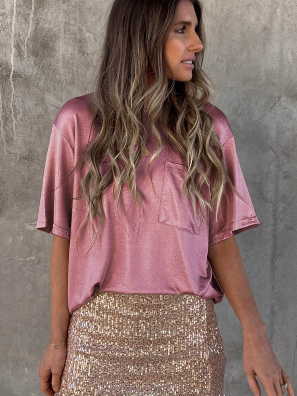 Pink Silky Oversized Pocket Tee