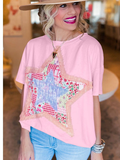 Pink Star Patchwork Relaxed Fit Tee