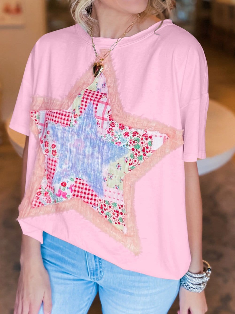 Pink Star Patchwork Relaxed Fit Tee