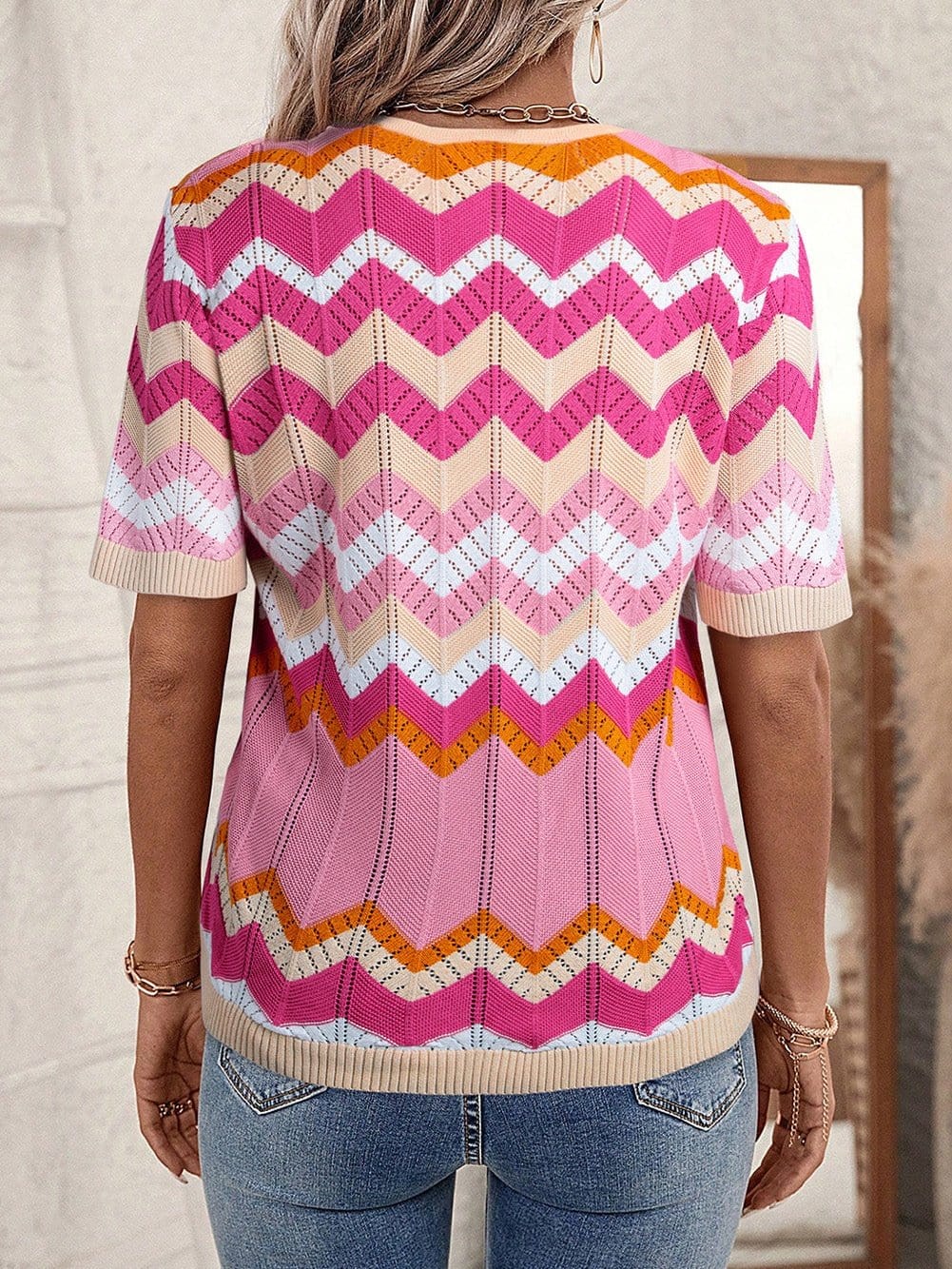 Pink Striped Chevron Pointelle Knit V-Neck Summer Sweater