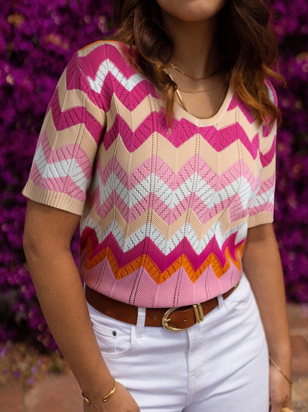 Pink Striped Chevron Pointelle Knit V-Neck Summer Sweater