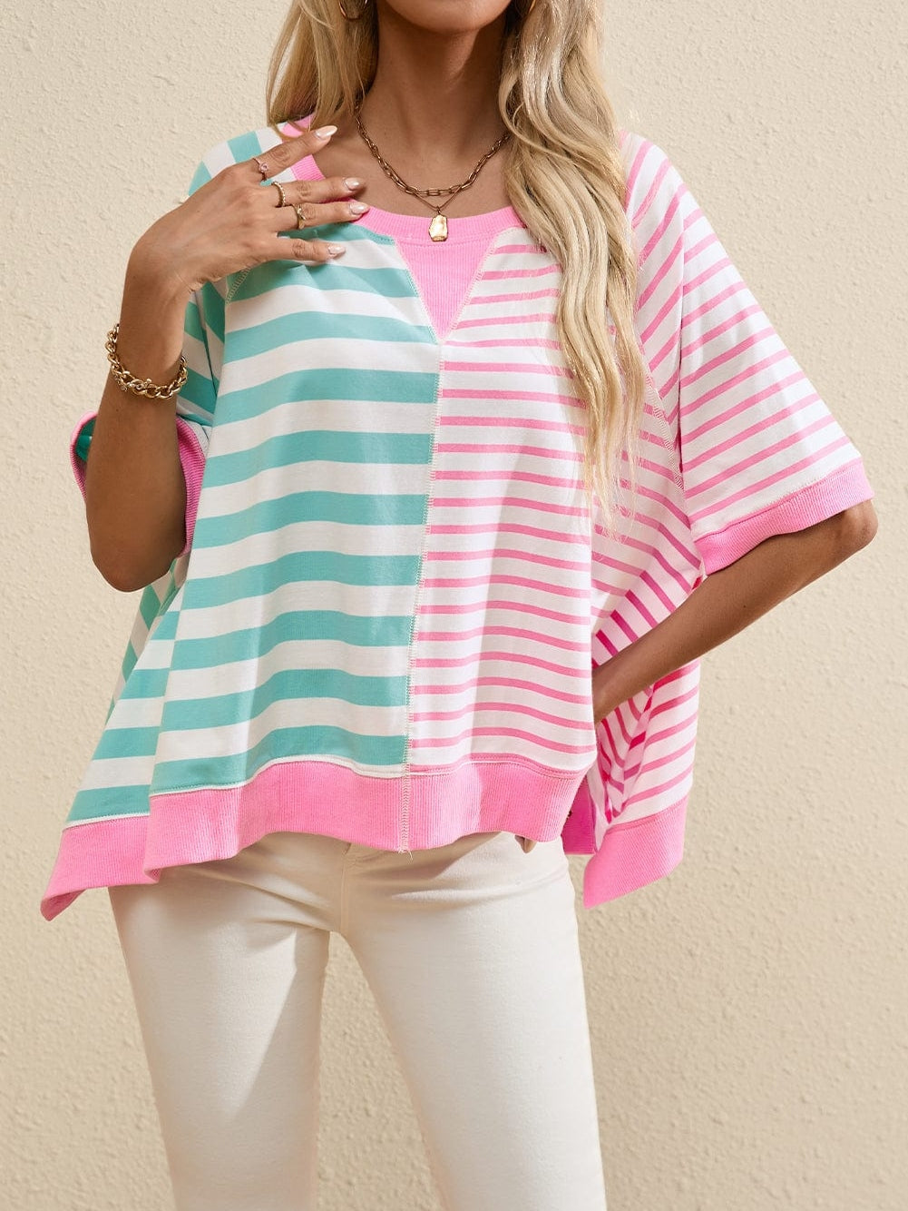 Pink Striped Color Block Oversized Tee