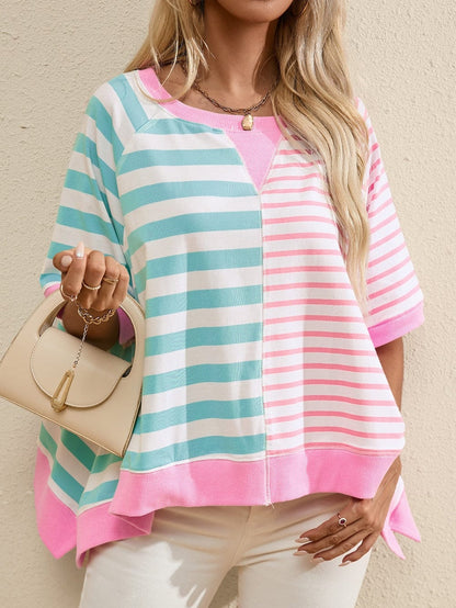 Pink Striped Color Block Oversized Tee