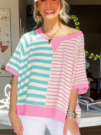 Pink Striped Color Block Oversized Tee
