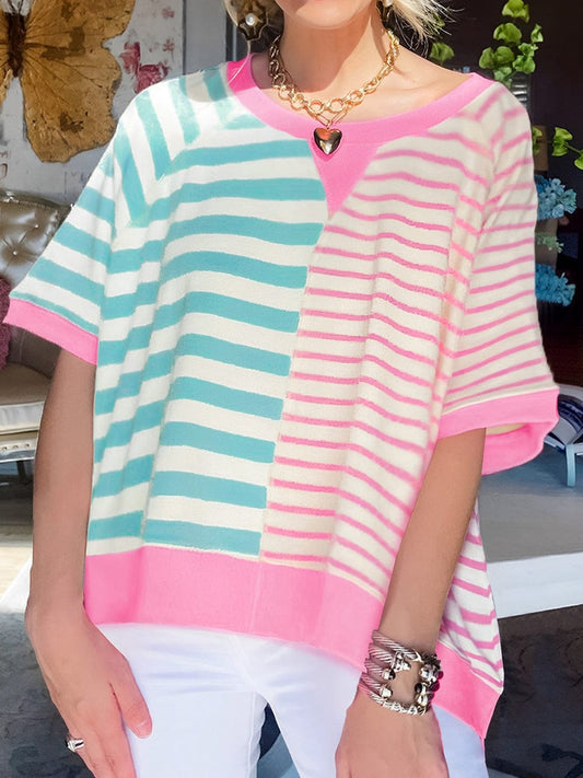 Pink Striped Color Block Oversized Tee