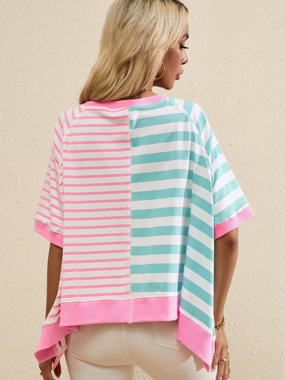 Pink Striped Color Block Oversized Tee