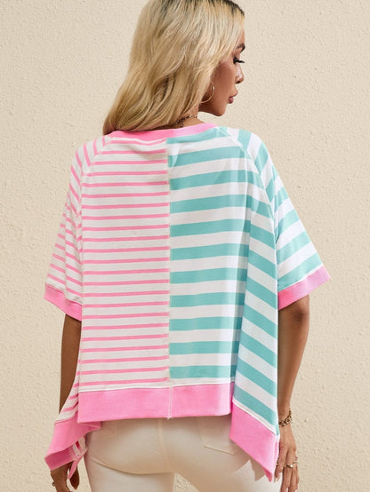Pink Striped Color Block Oversized Tee