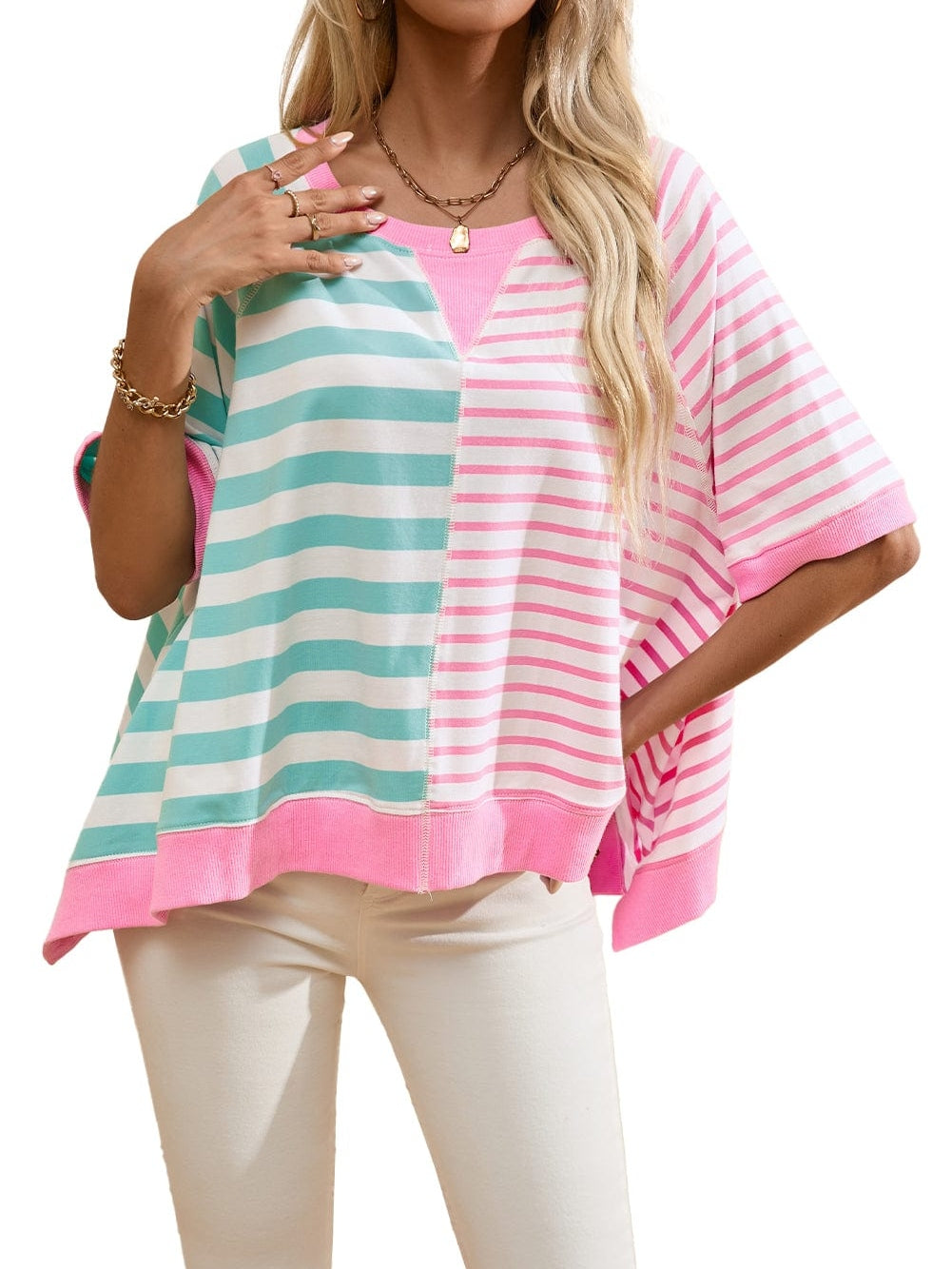 Pink Striped Color Block Oversized Tee