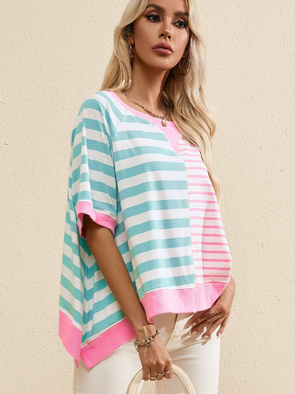 Pink Striped Color Block Oversized Tee