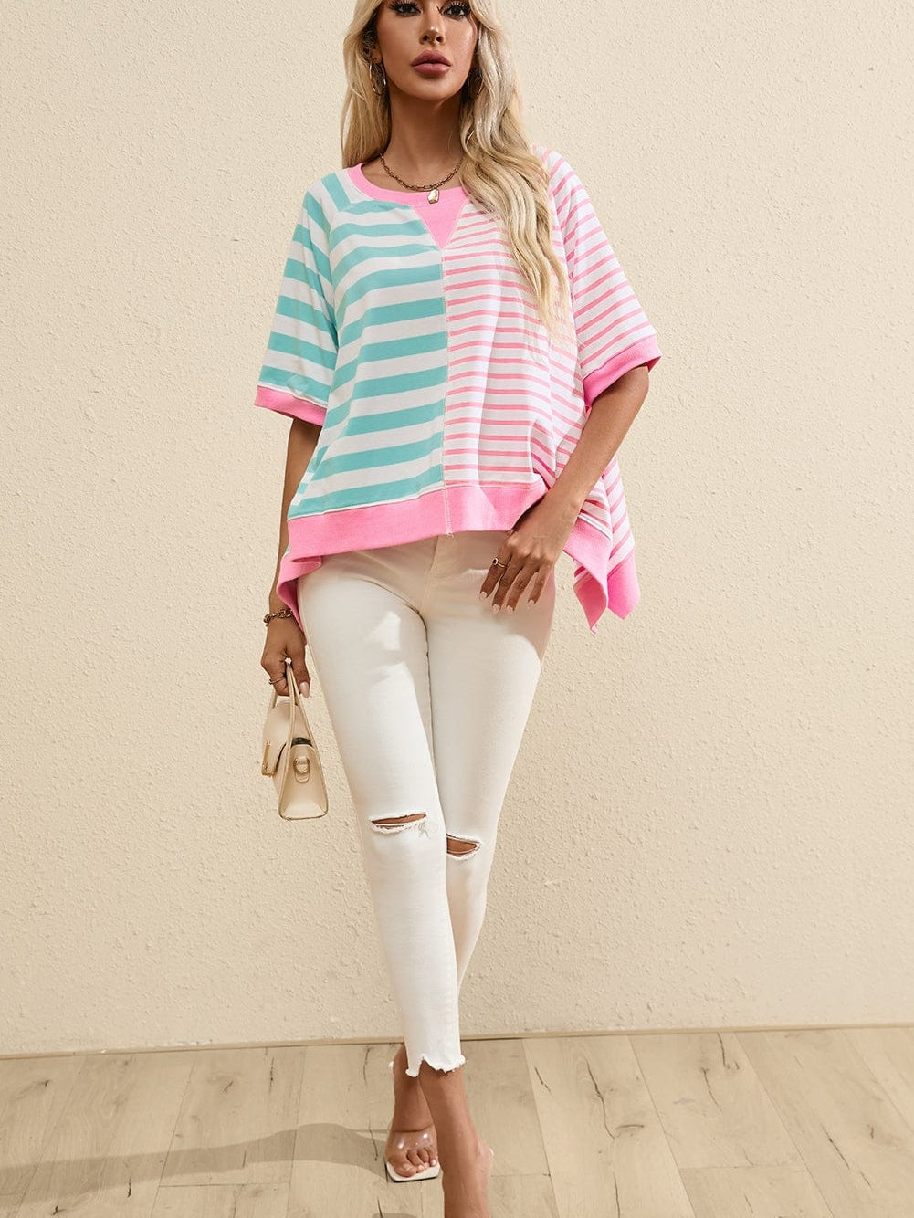 Pink Striped Color Block Oversized Tee