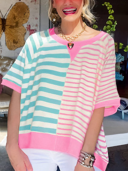 Pink Striped Color Block Oversized Tee