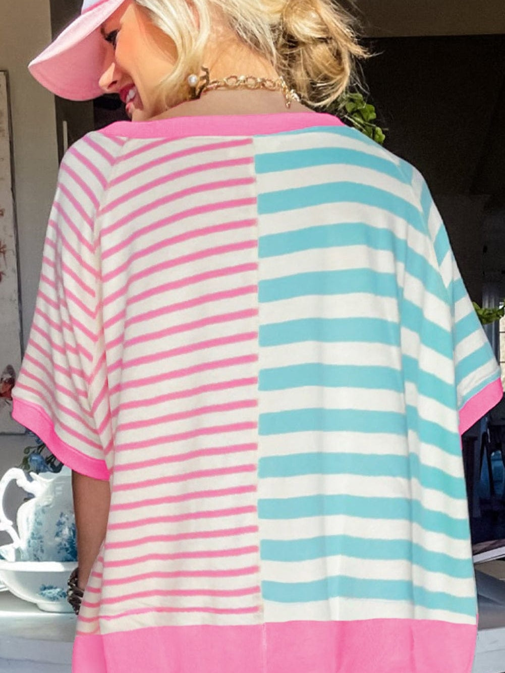 Pink Striped Color Block Oversized Tee