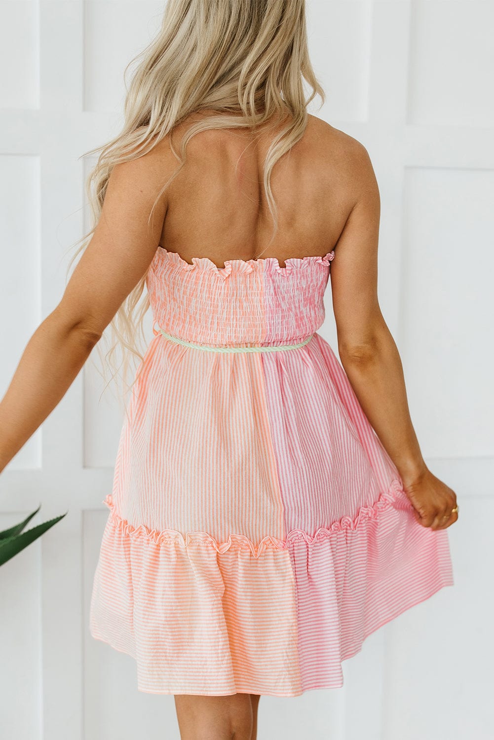 Pink Striped Color Block Smocked Strapless Mini Dress with Frilled Detail