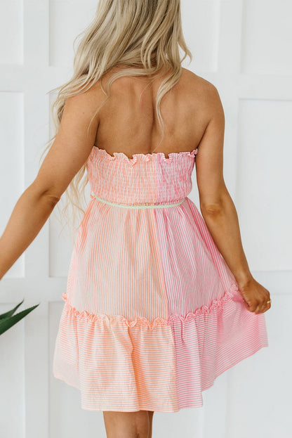 Pink Striped Color Block Smocked Strapless Mini Dress with Frilled Detail