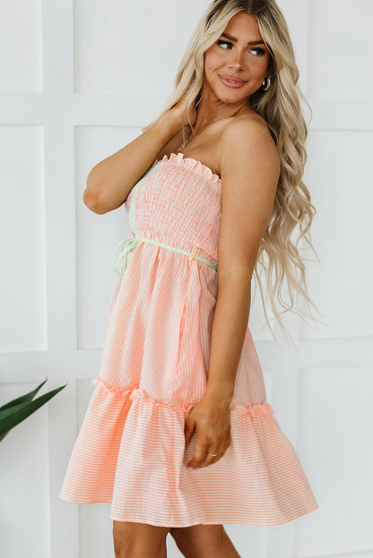 Pink Striped Color Block Smocked Strapless Mini Dress with Frilled Detail
