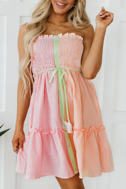Pink Striped Color Block Smocked Strapless Mini Dress with Frilled Detail