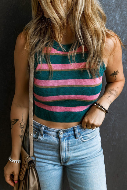 Pink Striped Crop Knit Sleeveless Sweater Top