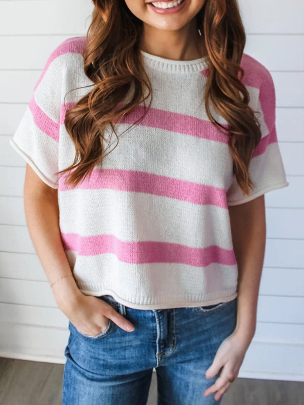 Pink Striped Drop Shoulder Short Sleeve Knit Top