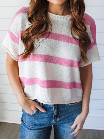 Pink Striped Drop Shoulder Short Sleeve Knit Top