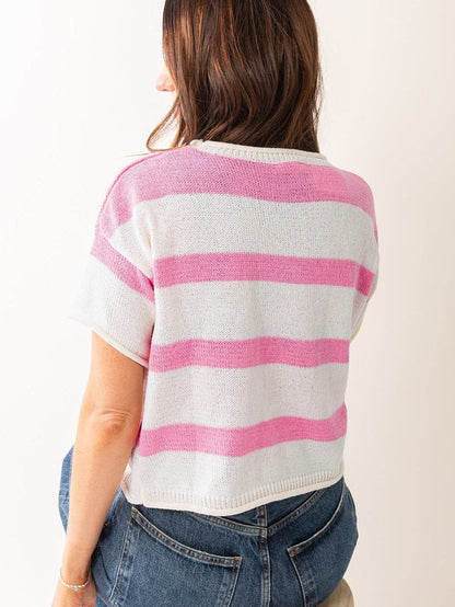 Pink Striped Drop Shoulder Short Sleeve Knit Top