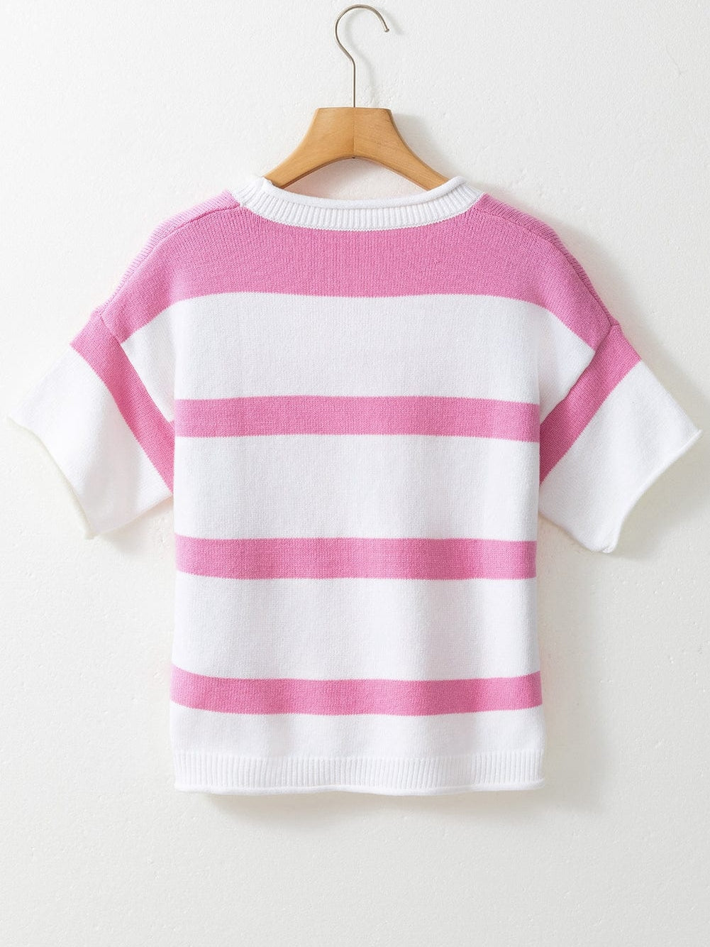 Pink Striped Drop Shoulder Short Sleeve Knit Top