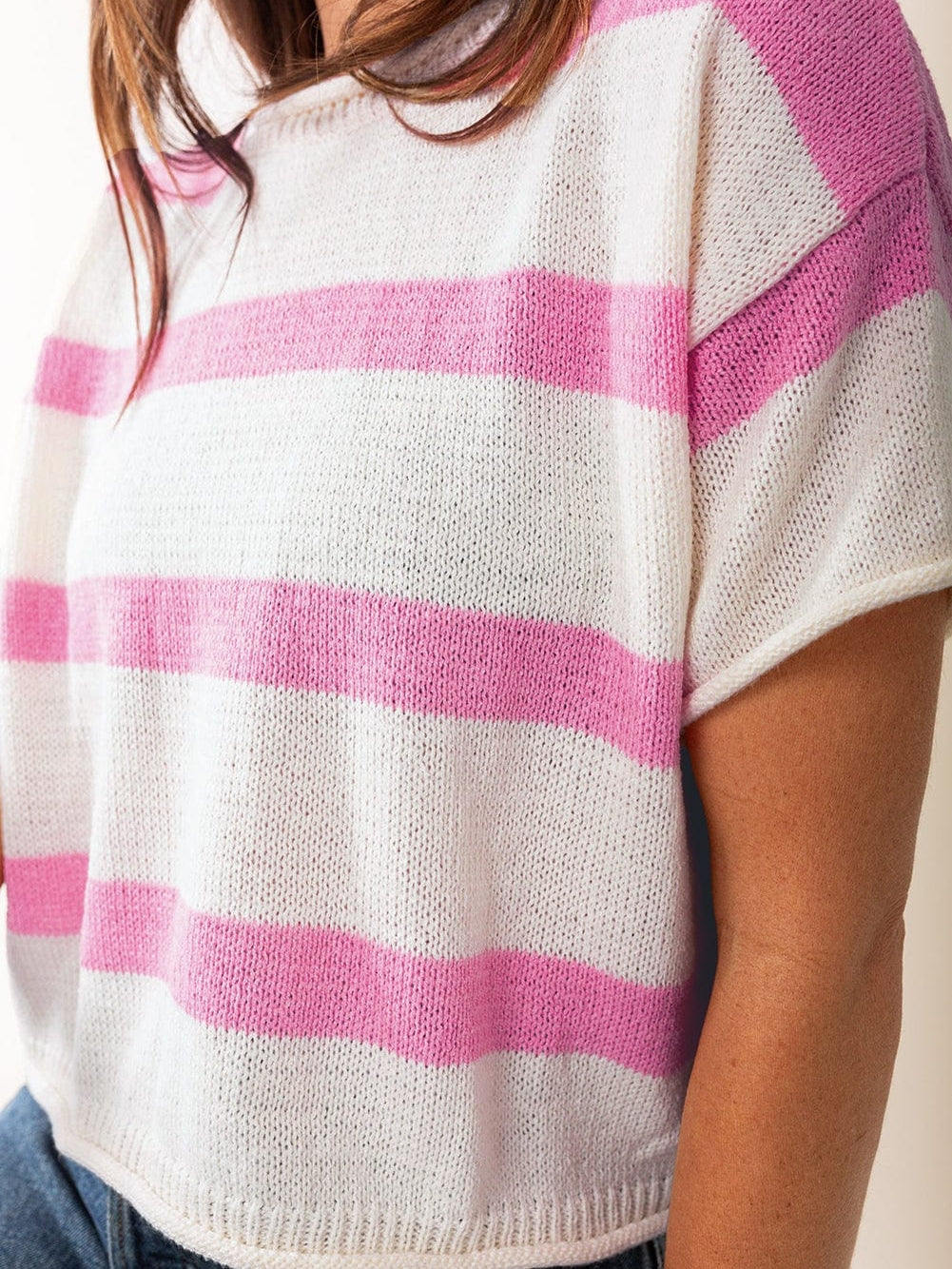Pink Striped Drop Shoulder Short Sleeve Knit Top