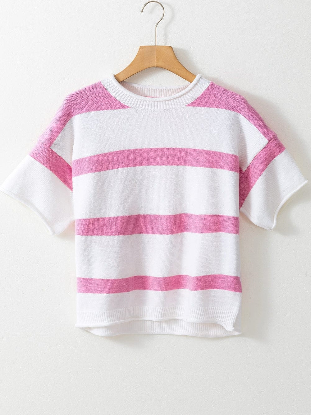Pink Striped Drop Shoulder Short Sleeve Knit Top