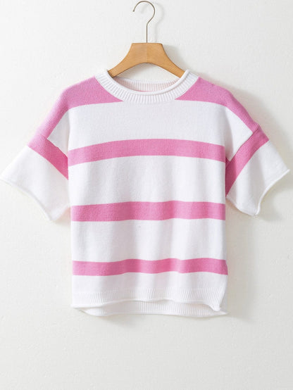Pink Striped Drop Shoulder Short Sleeve Knit Top