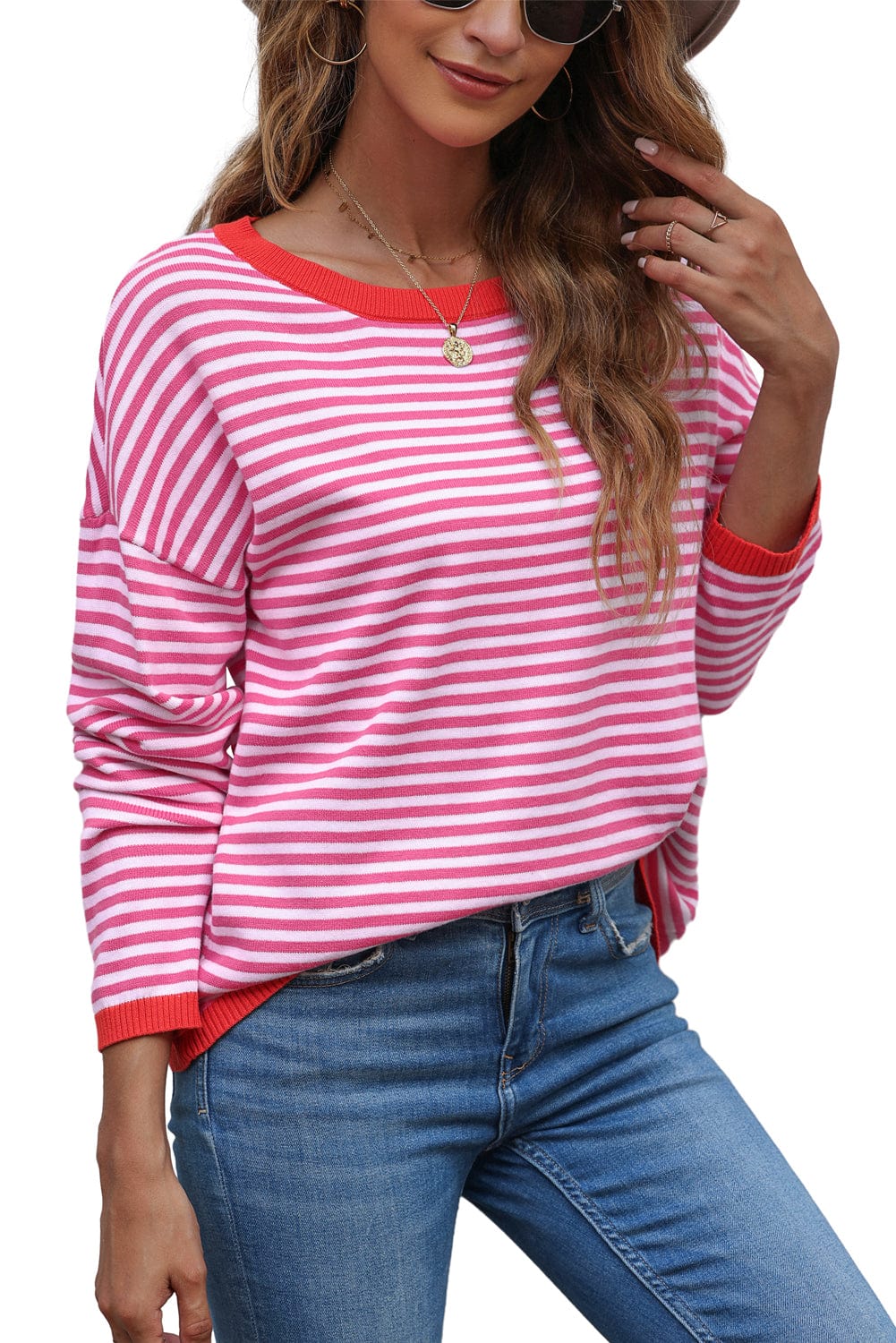 Pink Striped Drop Shoulder Sweater with Contrast Trim