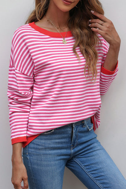 Pink Striped Drop Shoulder Sweater with Contrast Trim