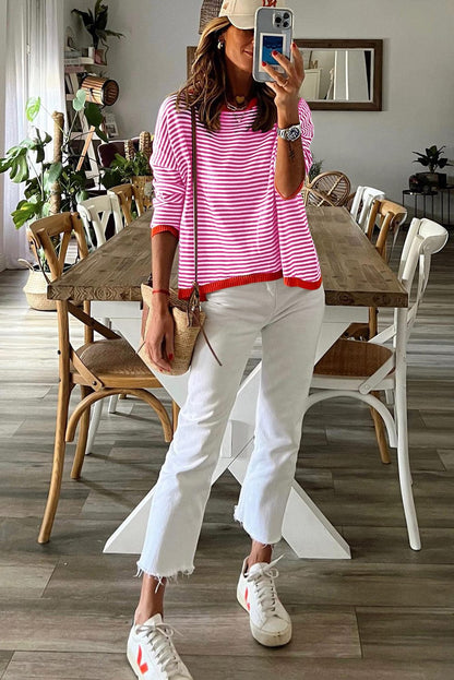 Pink Striped Drop Shoulder Sweater with Contrast Trim