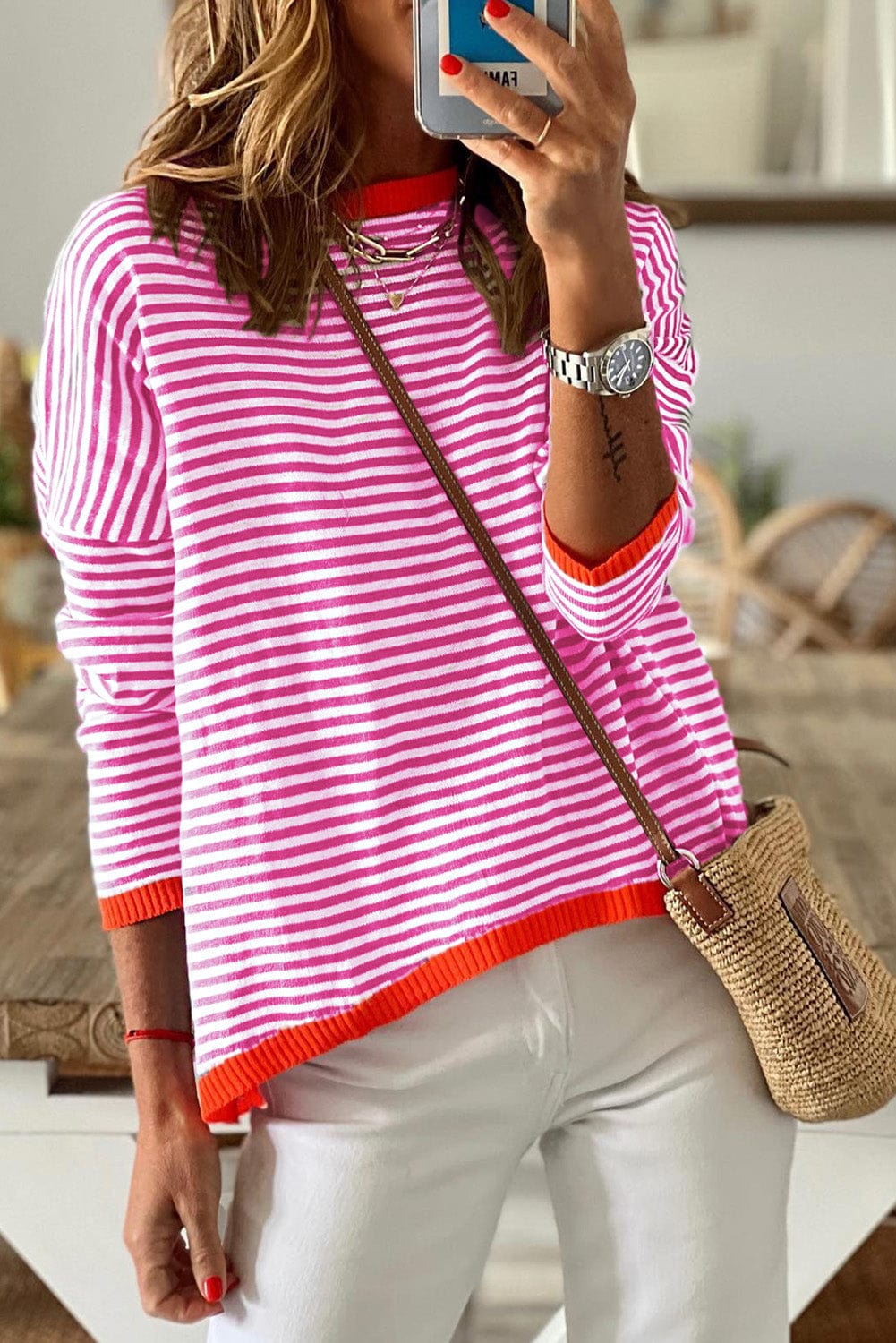 Pink Striped Drop Shoulder Sweater with Contrast Trim