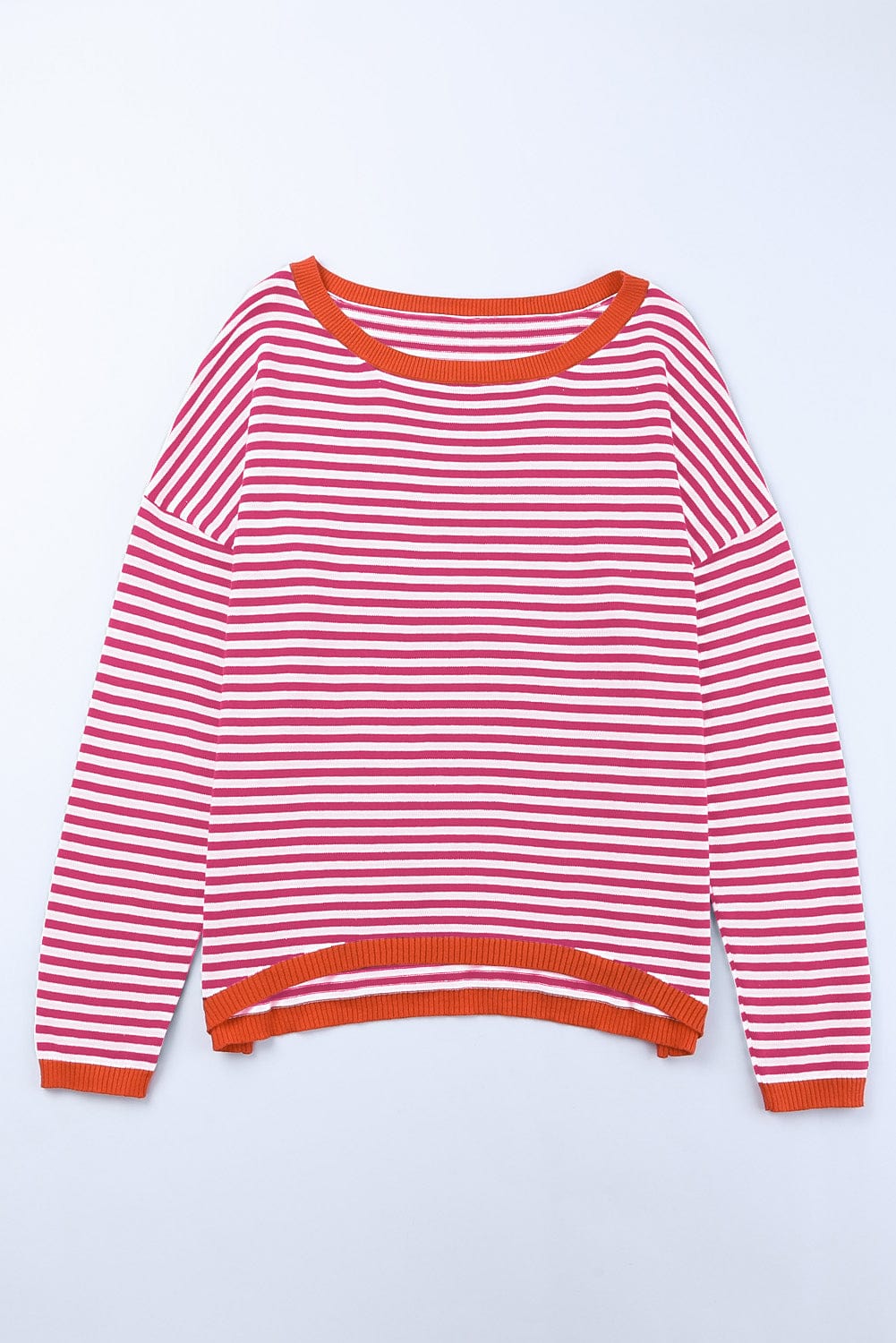 Pink Striped Drop Shoulder Sweater with Contrast Trim