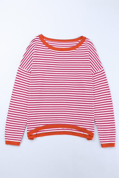 Pink Striped Drop Shoulder Sweater with Contrast Trim