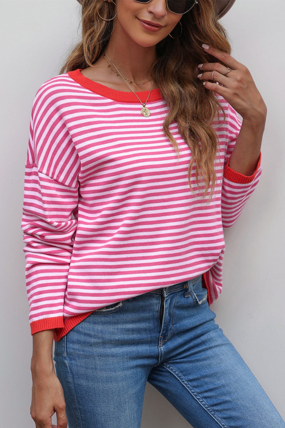 Pink Striped Drop Shoulder Sweater with Contrast Trim