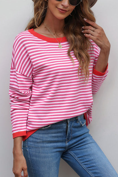 Pink Striped Drop Shoulder Sweater with Contrast Trim