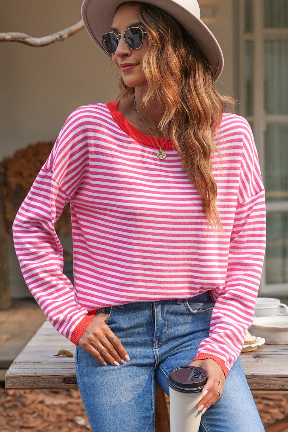 Pink Striped Drop Shoulder Sweater with Contrast Trim