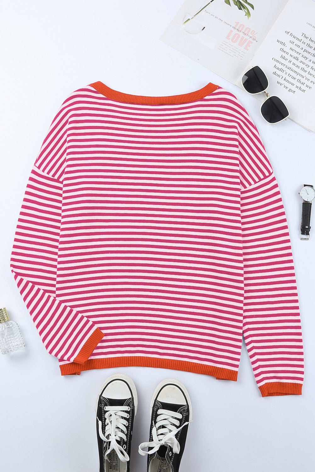 Pink Striped Drop Shoulder Sweater with Contrast Trim
