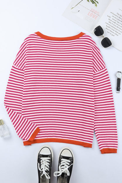 Pink Striped Drop Shoulder Sweater with Contrast Trim
